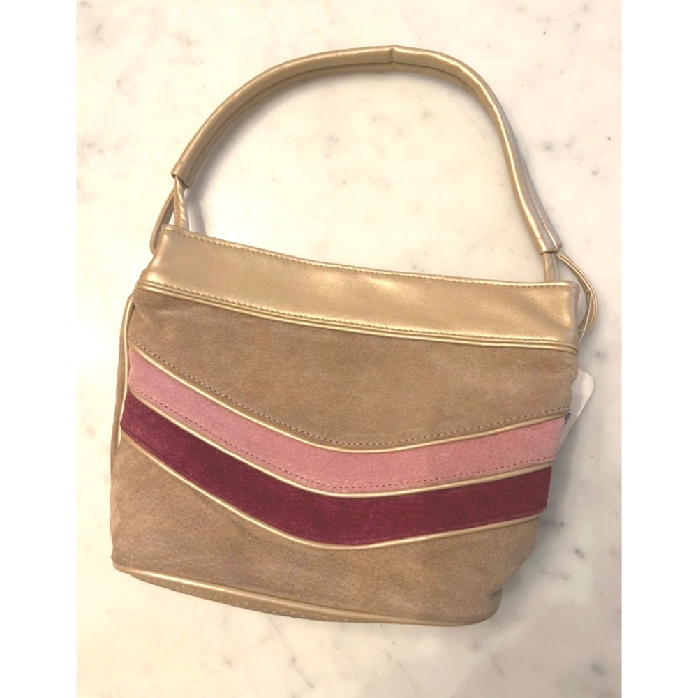 Vintage Y2K Tan Genuine Suede Shoulder Bag Pink Burgundy Chevron Gold Trim NWT